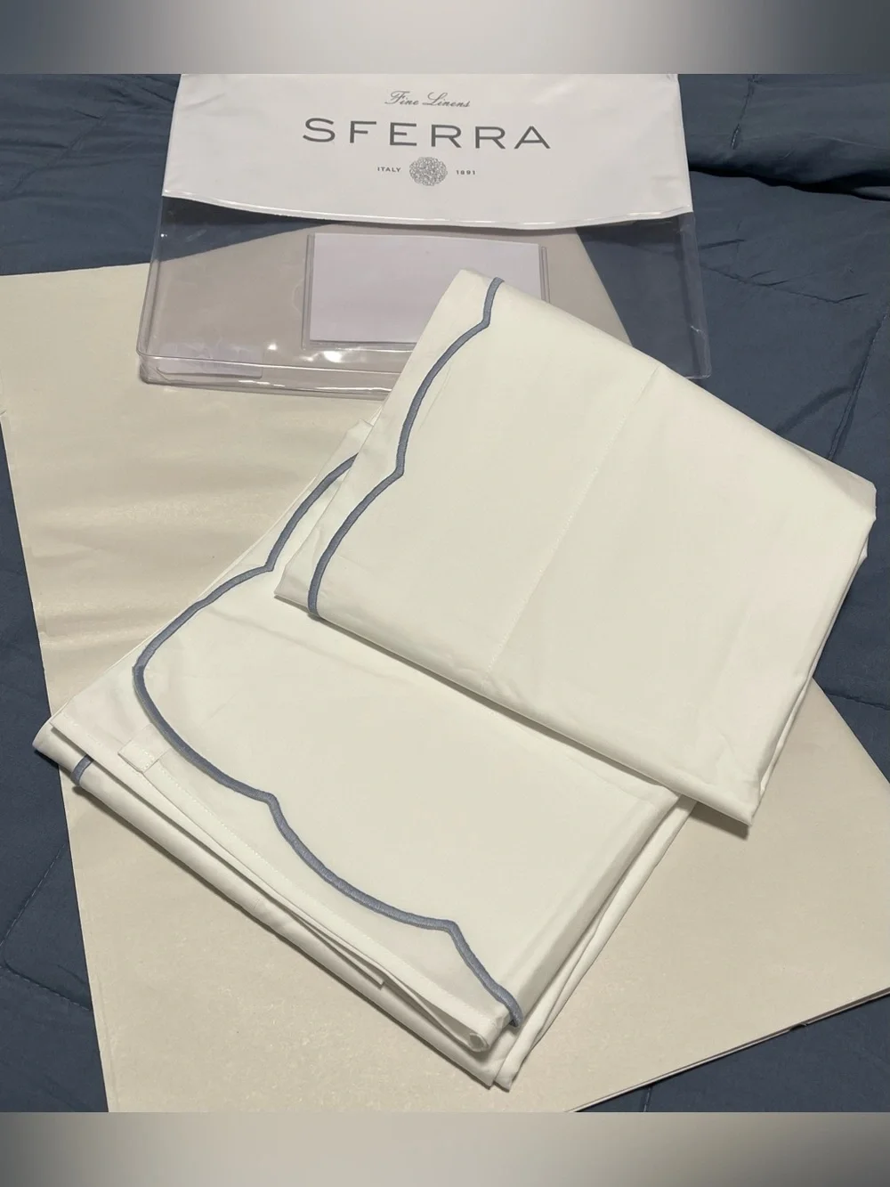 Sferra Limana Full/Queen Flat Sheet Long Staple Cotton Percale 96x114” White/Sea